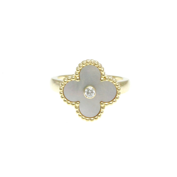 Van Cleef & Arpels // 18k Yellow Gold Alhambra Diamond + Mother of Pearl Ring // Ring Size: 5.75 // Store Display