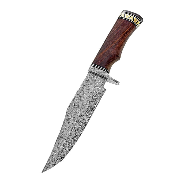 12" Brass Handwork Handle Damascus Bowie Knife With Leather Sheath