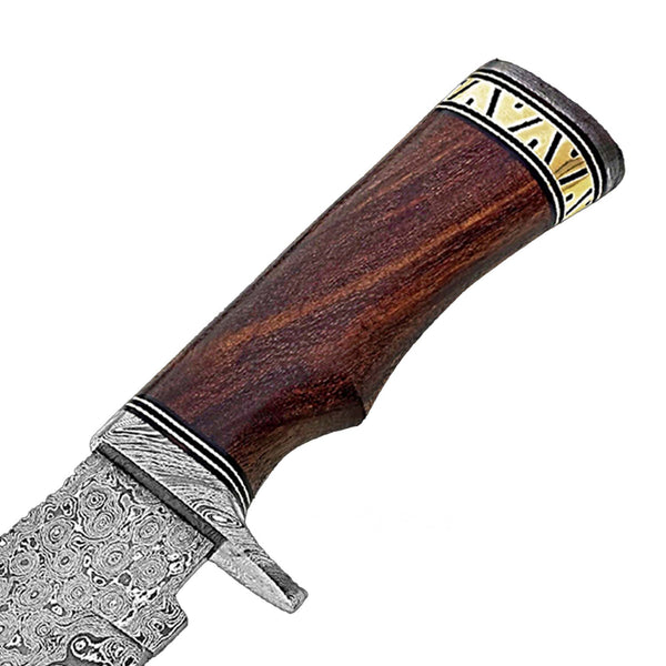 12" Brass Handwork Handle Damascus Bowie Knife With Leather Sheath