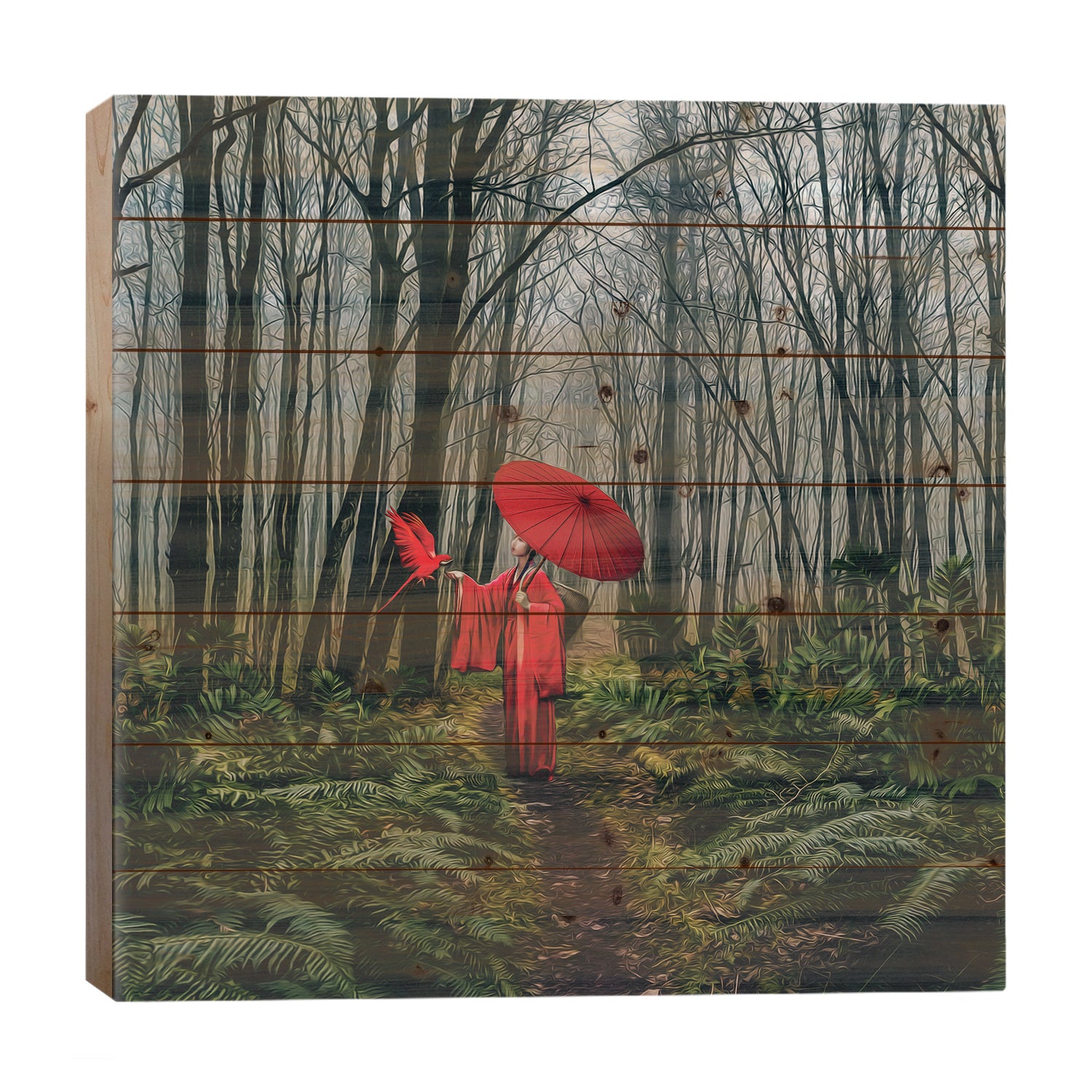 A Girl In A Red Kimono Feeds A Bird From Her Hand by Ievgeniia Bidiuk