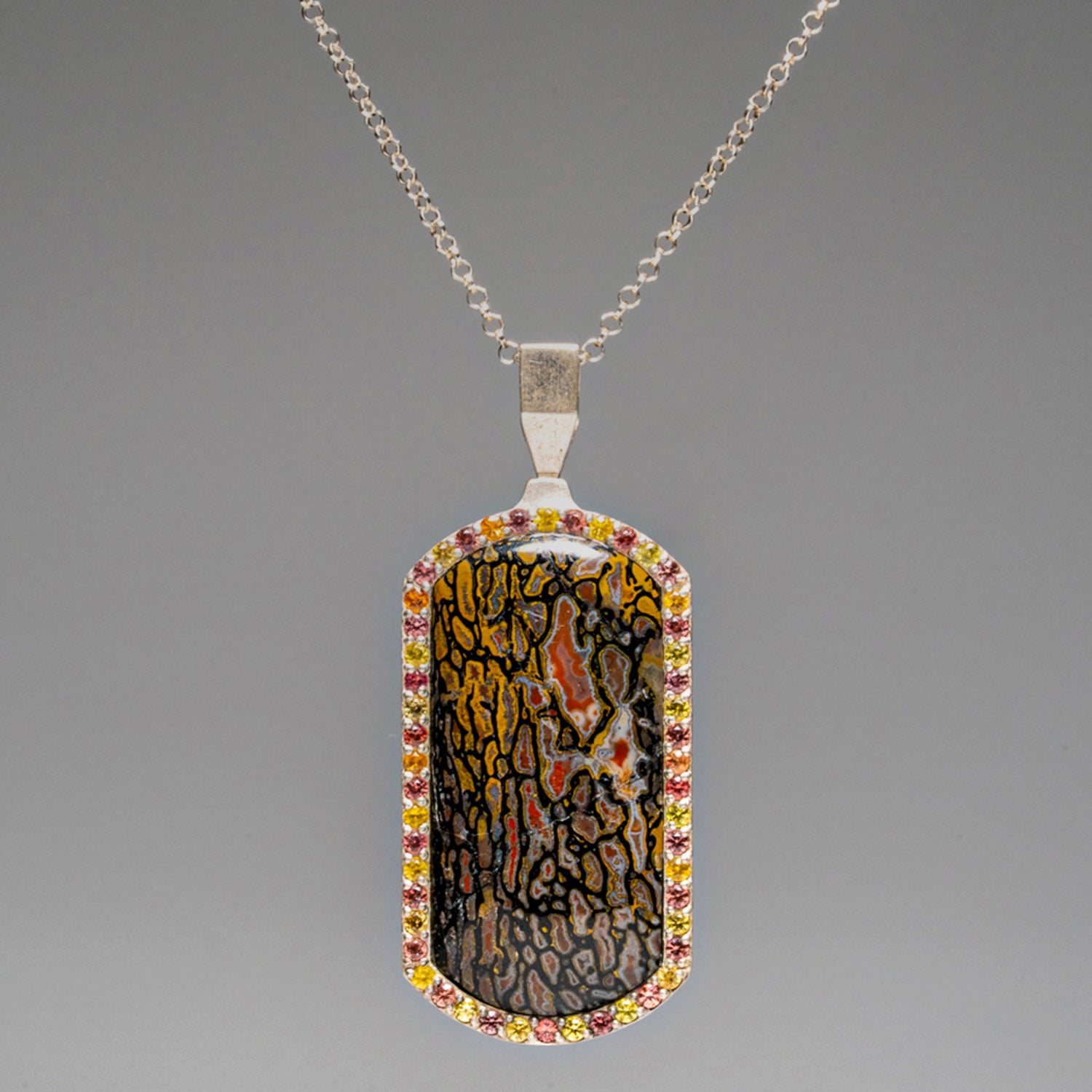 Genuine Dinosaur Bone, Pink and Yellow Sapphire Dog Tag with 18" Sterling Silver Chain