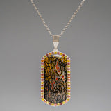 Genuine Dinosaur Bone, Pink and Yellow Sapphire Dog Tag with 18" Sterling Silver Chain