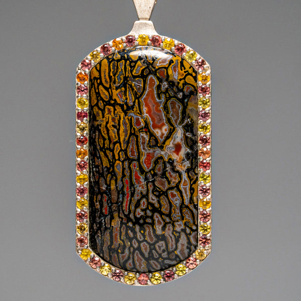 Genuine Dinosaur Bone, Pink and Yellow Sapphire Dog Tag with 18" Sterling Silver Chain