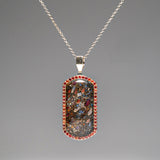 Genuine Dinosaur Bone, Pink Sapphire Dog Tag with 18" Sterling Silver Chain