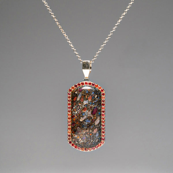 Genuine Dinosaur Bone, Pink Sapphire Dog Tag with 18" Sterling Silver Chain