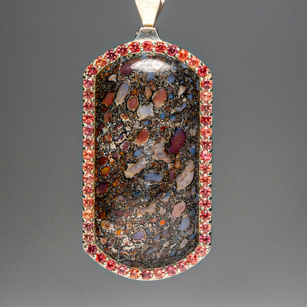 Genuine Dinosaur Bone, Pink Sapphire Dog Tag with 18" Sterling Silver Chain