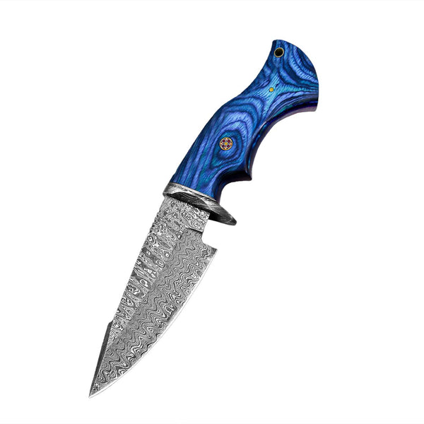 10" Blue Wood Handle-Damascus Knife With Leather Sheath