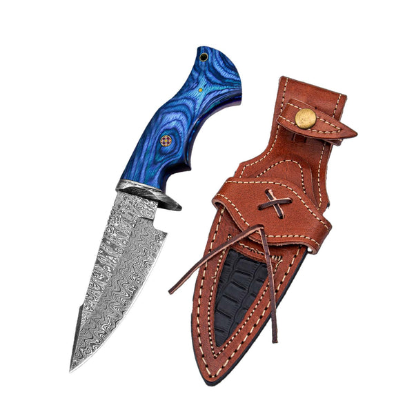 10" Blue Wood Handle-Damascus Knife With Leather Sheath