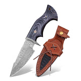 10" Black Wood Handle-Damascus Knife With Leather Sheath