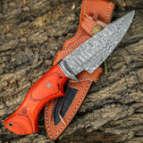 10" Orange Wood Handle-Damascus Knife With Leather Sheath