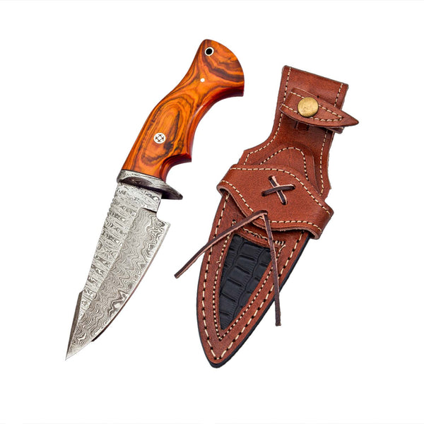 10" Orange Wood Handle-Damascus Knife With Leather Sheath