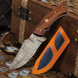 9.5" Damascus Knife With Leather Sheath