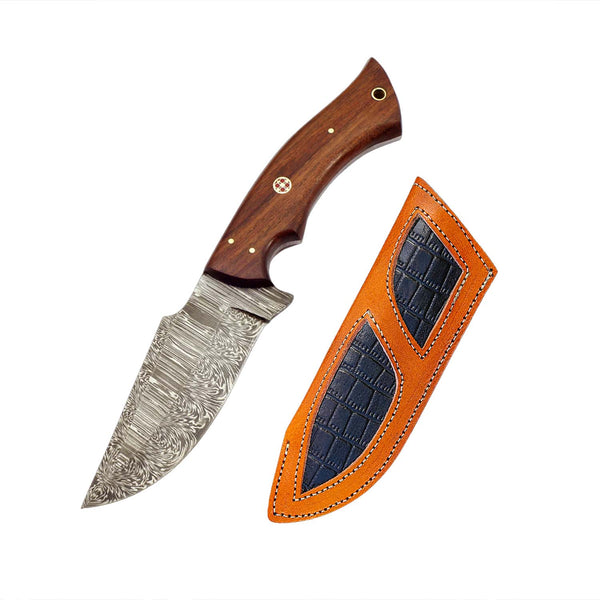 9.5" Damascus Knife With Leather Sheath
